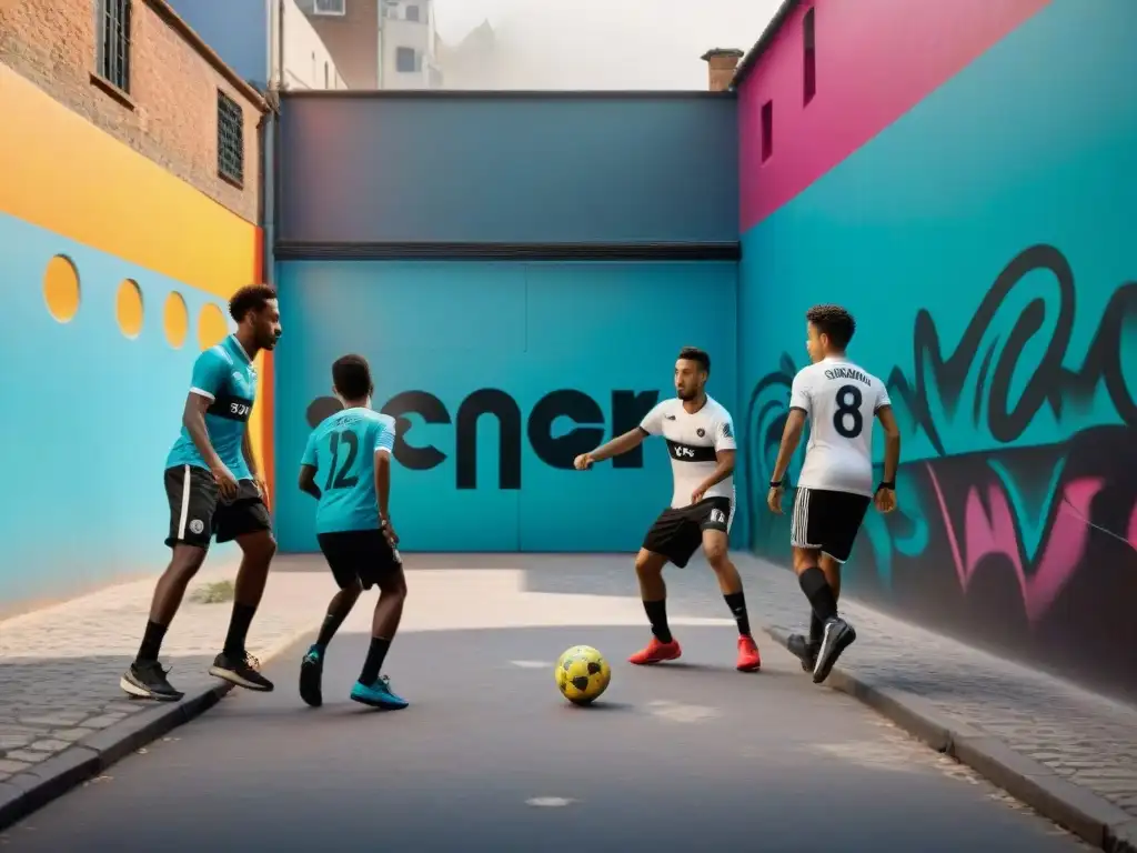 Intenso juego de fútbol callejero en un callejón con grafitis coloridos