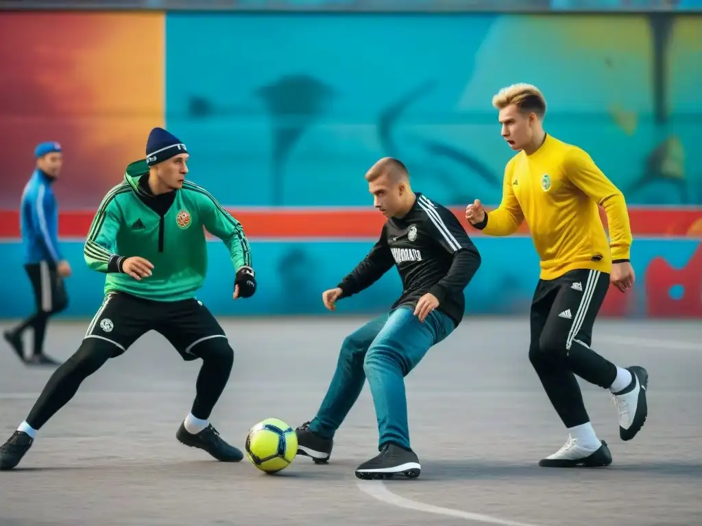 Intenso juego de fútbol callejero en Korobka, Rusia