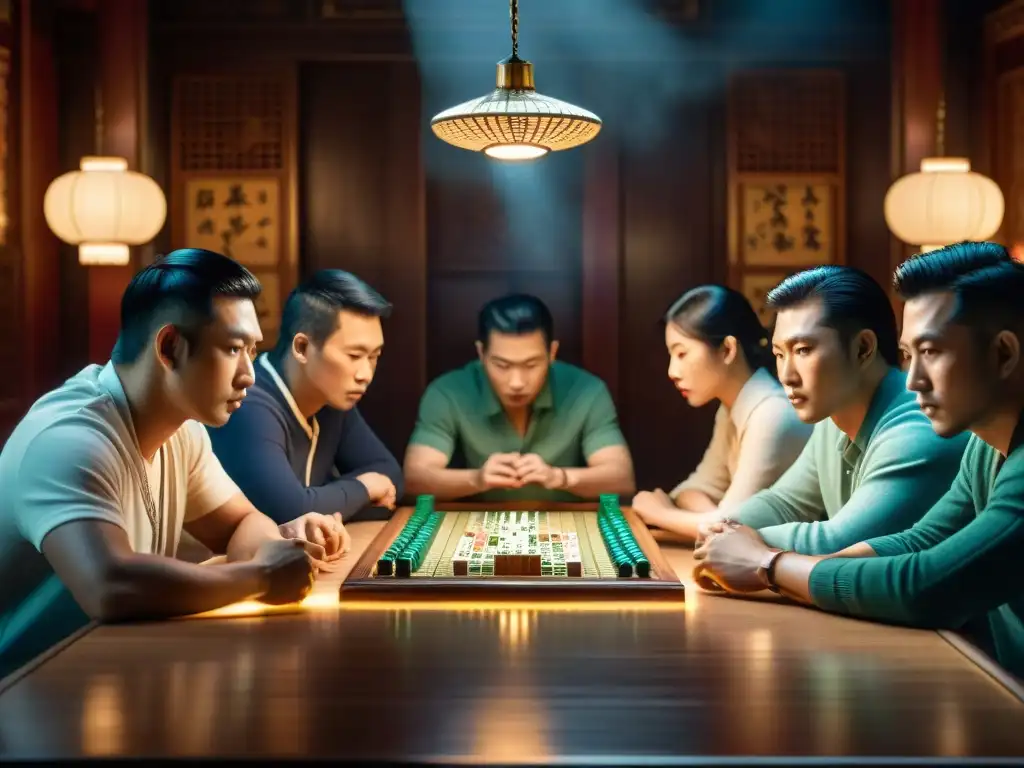 Intenso juego de Mahjong en una habitación tenue, con jugadores concentrados