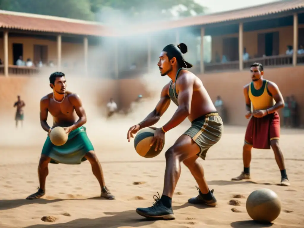 Intenso juego de Ulama: jugadores indígenas compiten en la cancha polvorienta, destacando la preservación del juego ancestral