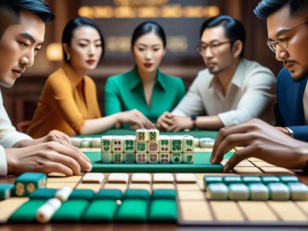 Intenso juego de Mahjong entre jugadores diversos, inmersos en estrategias y emoción