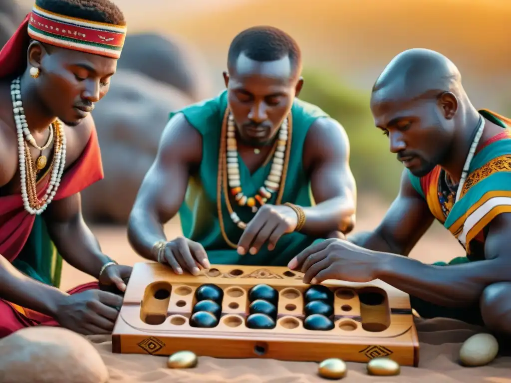 Intenso juego de Mancala bajo un Baobab al atardecer, reflejando la importancia de los sueños en juegos africanos