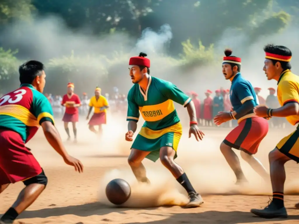 Intenso juego de pelota Purépecha con jugadores en atuendos coloridos y expresiones concentradas, ambiente vibrante y emocionante