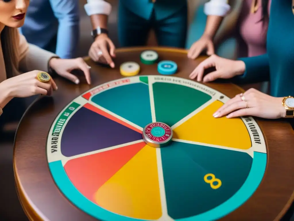 Intenso juego de Trivial Pursuit entre amigos, mostrando emoción y concentración