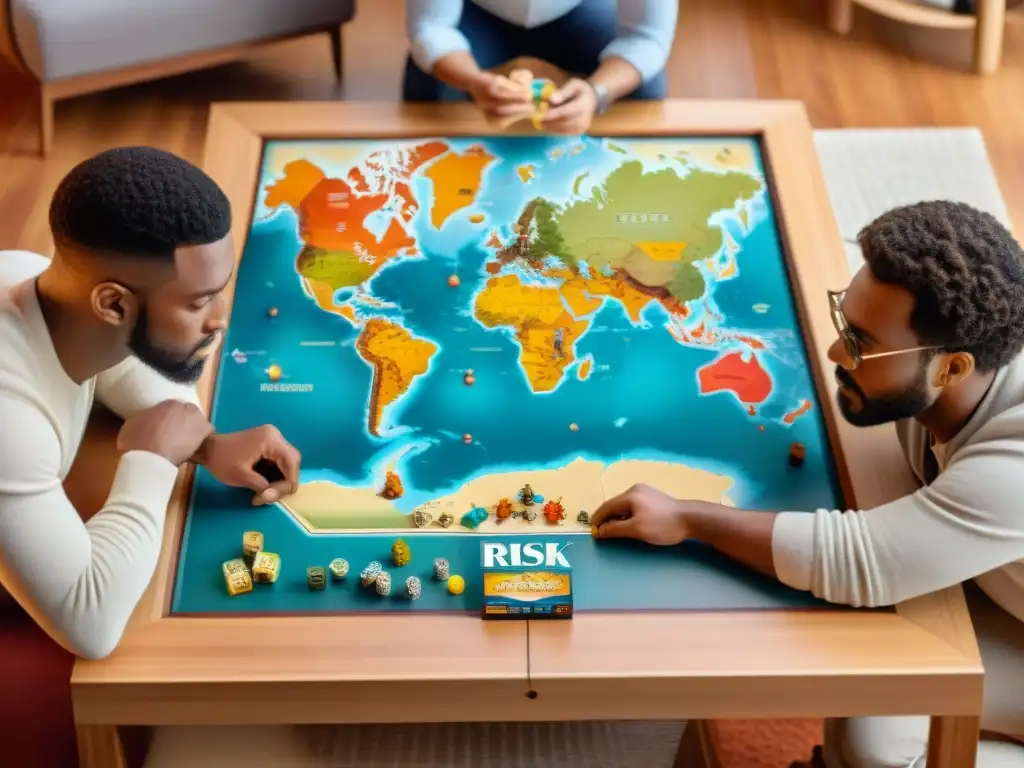 Un intenso juego de Risk entre personas diversas en un mapa mundial, con expresiones de concentración