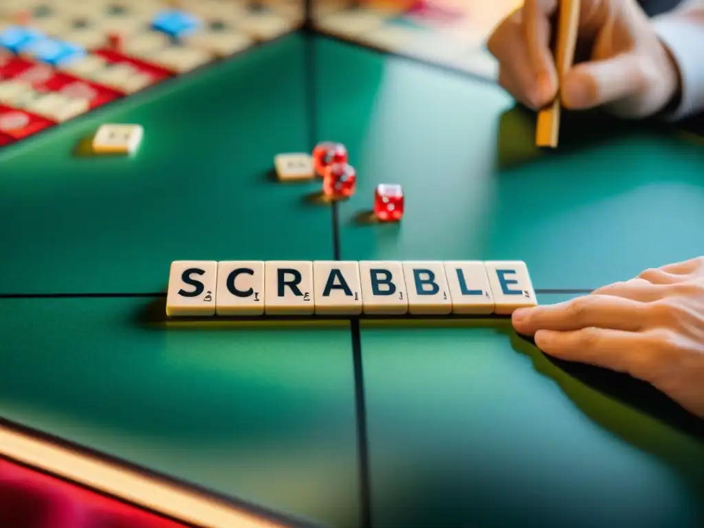 Intenso juego de Scrabble con estrategias de campeones en torneos, jugadores concentrados formando palabras de alto puntaje