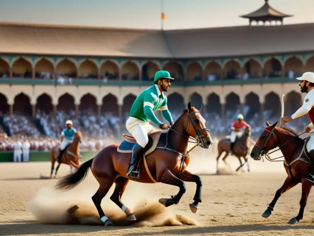 Intenso partido de polo persa en un mercado antiguo, fusionando tradición y cultura