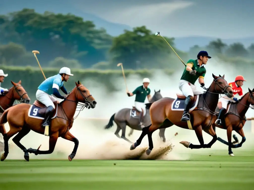 Intenso partido de polo en Argentina, jugadores habilidosos galopando en un campo verde exuberante