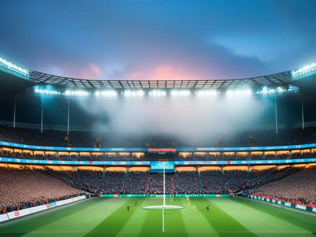 Intenso partido de rugby en estadio lleno, reflejando la pasión y emoción del deporte