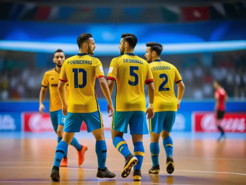 Intenso partido de fútbol sala entre apasionados jugadores, rodeados de espectadores animados en una colorida arena indoor