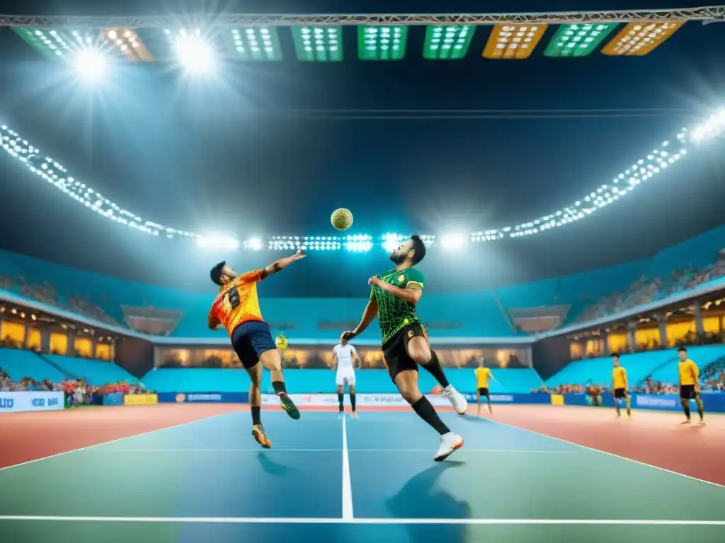 Intenso partido de Sepak Takraw en un estadio lleno de luces, demostrando la historia del Sepak Takraw en Asia