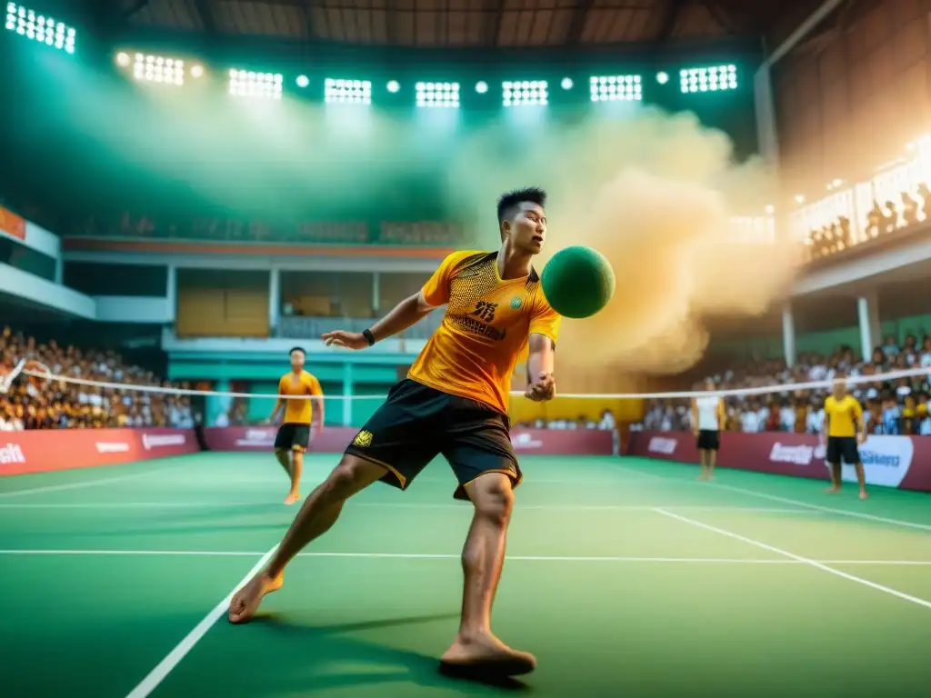 'Intenso partido de Takraw al atardecer en Tailandia, capturando la historia del Takraw en Asia