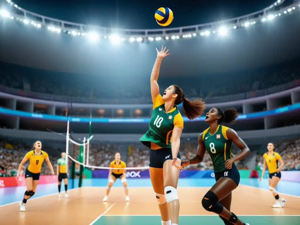 Intenso partido de voleibol olímpico con jugadores saltando por un poderoso remate, estadio lleno de espectadores y banderas ondeando