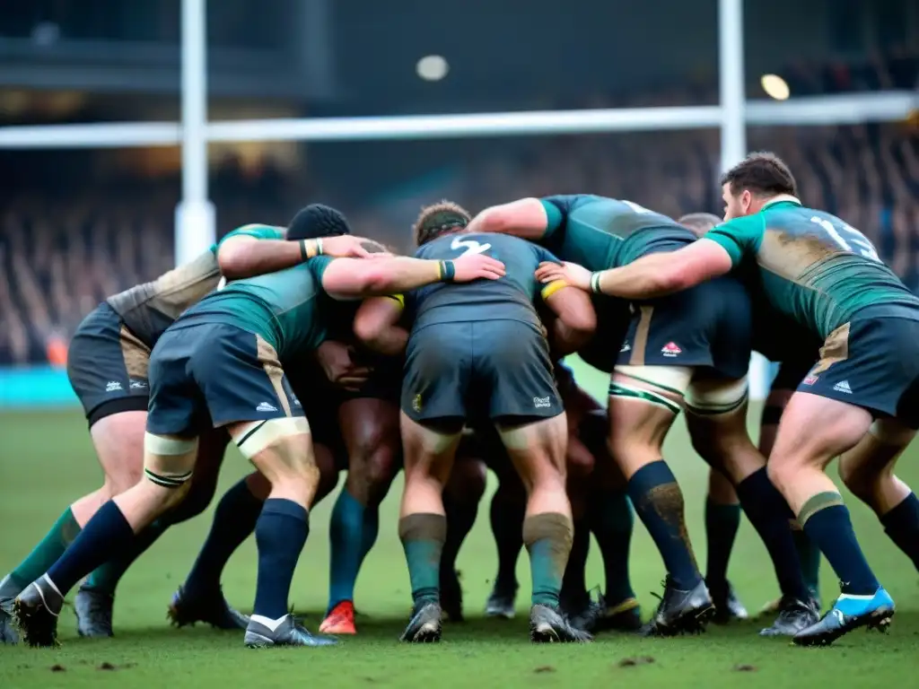 Un intenso scrum de rugby entre jugadores cubiertos de barro y sudor, mientras los espectadores animan