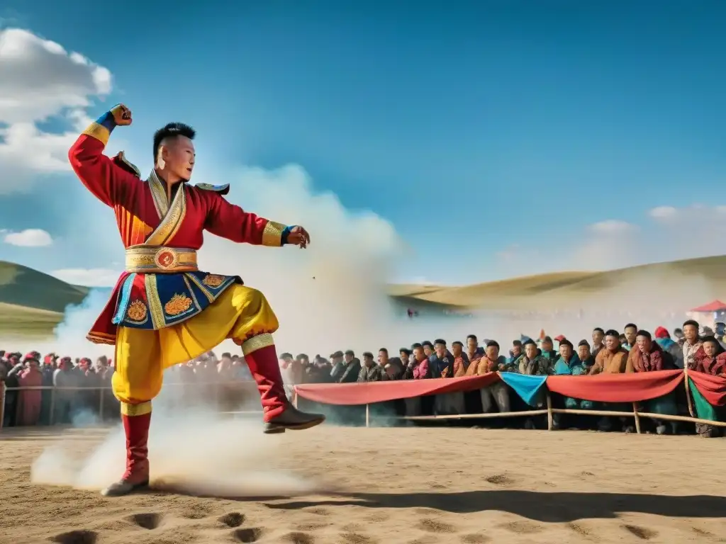 Competencia feroz de luchadores en el Naadam de Mongolia Intenso torneo de lucha Naadam en Mongolia con vibrantes colores y paisaje vasto, en Festival de juegos culturales internacionales