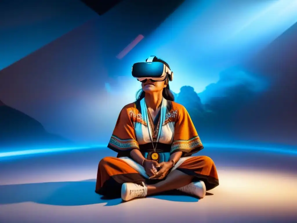 Interacción intercultural en mundo virtual: mujer indígena y niño exploran juntos evolución juegos culturas realidad virtual