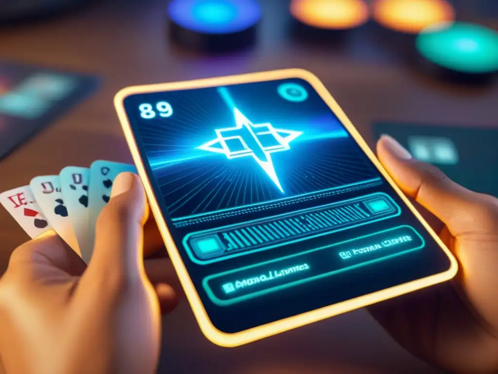 Una interfaz digital futurista muestra un juego de cartas controlado por inteligencia artificial en un paisaje digital