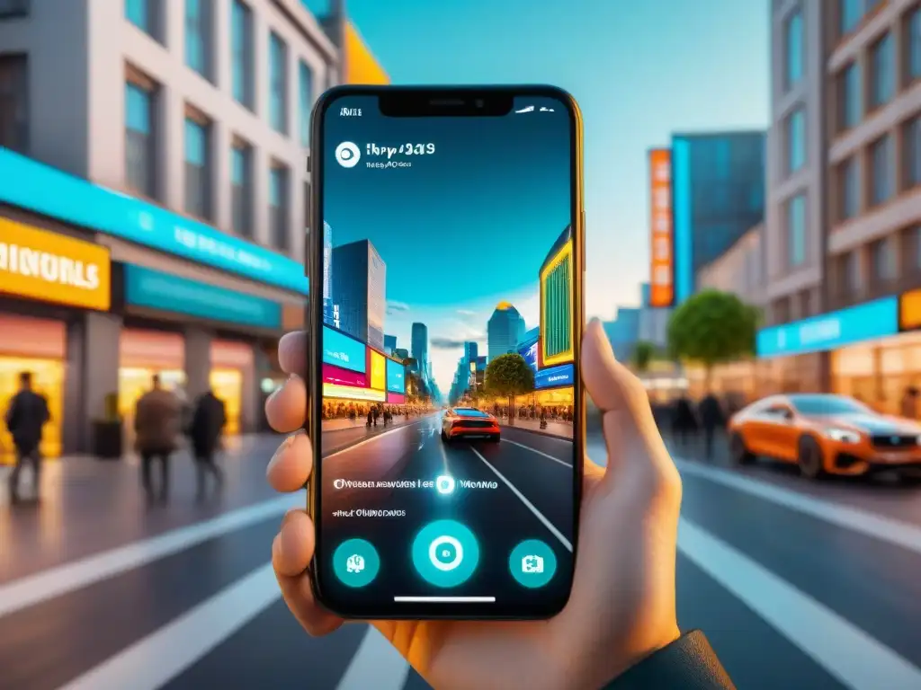 Interfaz futurista de juego móvil con aprendizaje automático, fusionando mundos virtuales con realidad aumentada en entorno urbano