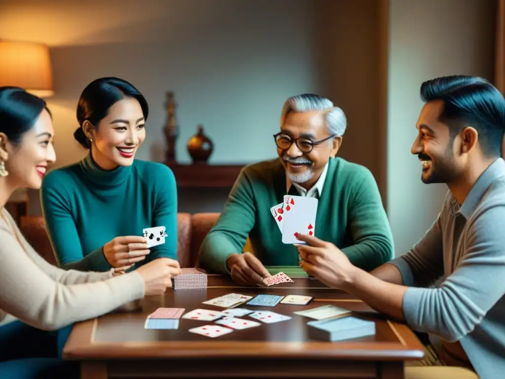 Interacción intergeneracional en juego de cartas, tradición y conexión cultural