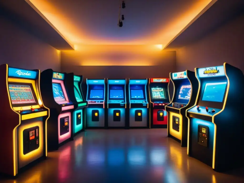 Interior de museo de juegos a nivel mundial con máquinas arcade vintage iluminadas en la oscuridad