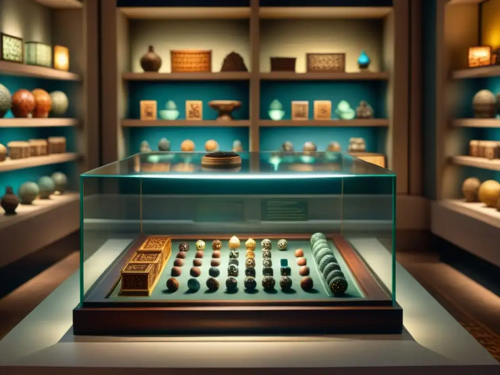 Antiguos juegos del mundo: arte y misterio en la penumbra del museo Una intrigante colección de juegos antiguos de diferentes culturas en un museo, con detalles en iluminación tenue