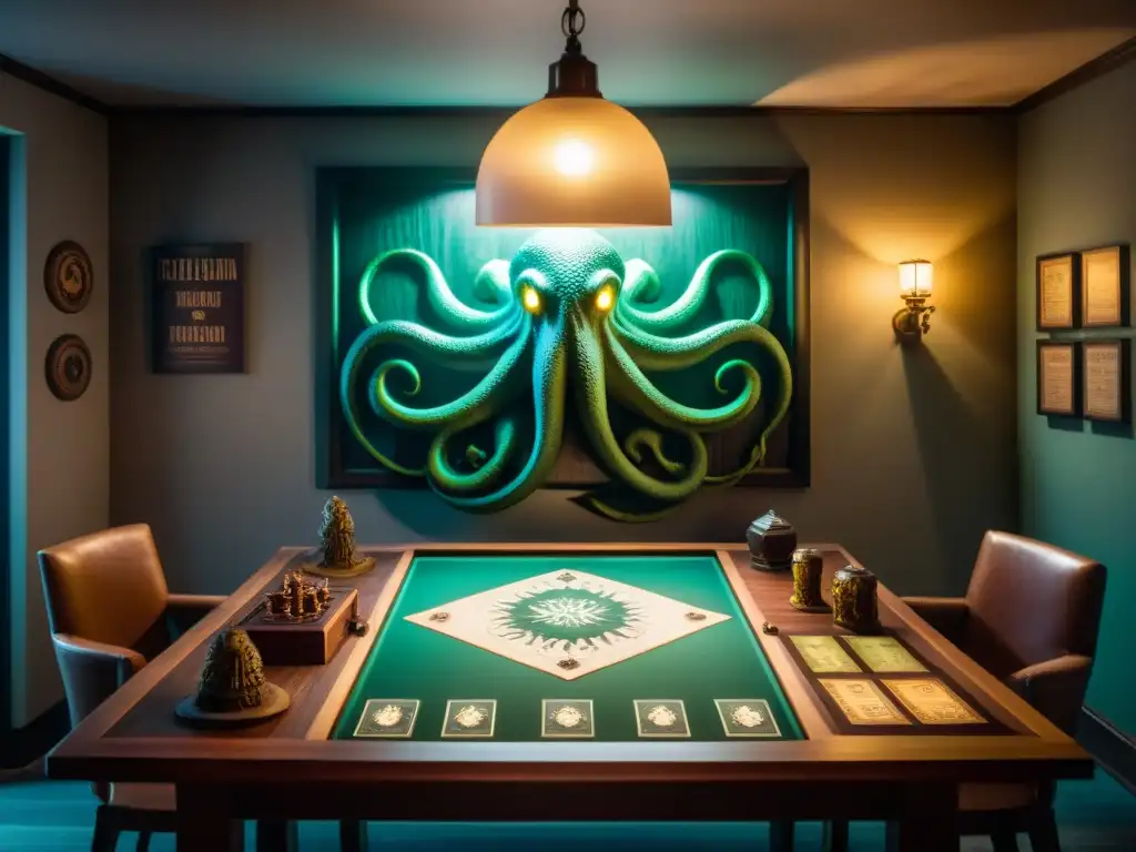 Intrigante sala de juegos de mesa inspirados en Lovecraft, con tablero y piezas de criaturas eldritch