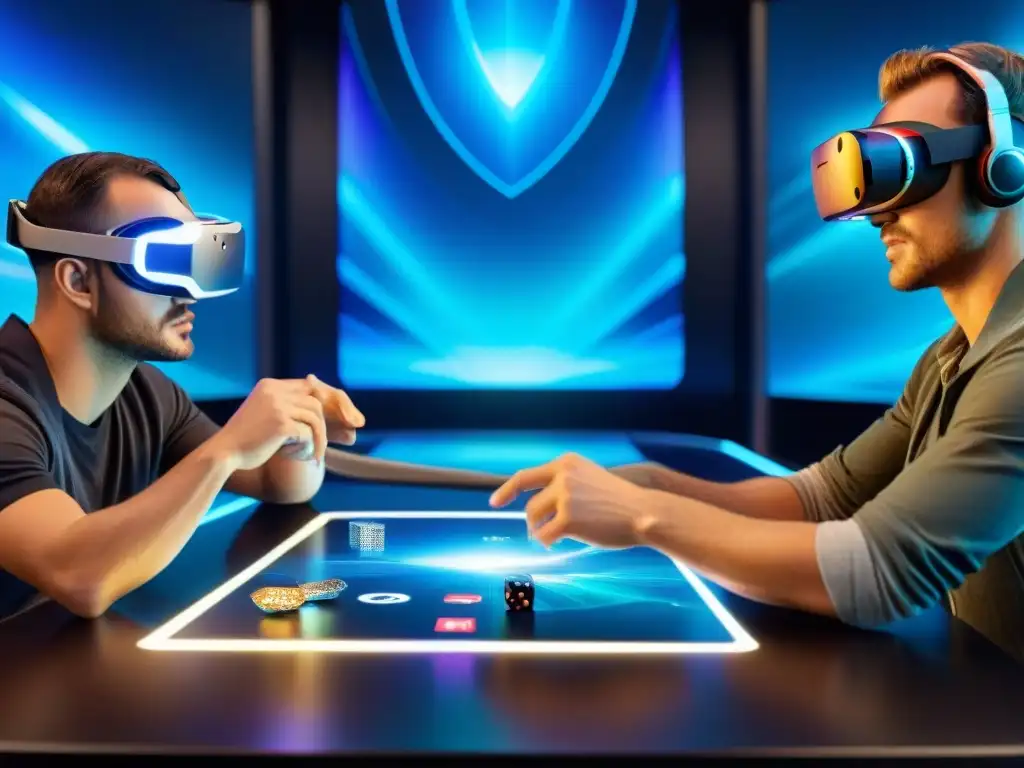 Intrincadas batallas de cartas holográficas en un entorno de realidad virtual futurista