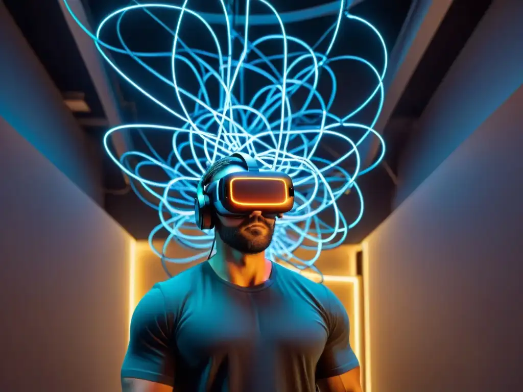 Intrincadas herramientas desarrollo juegos realidad virtual, red de cables neon detallados en escena futurista