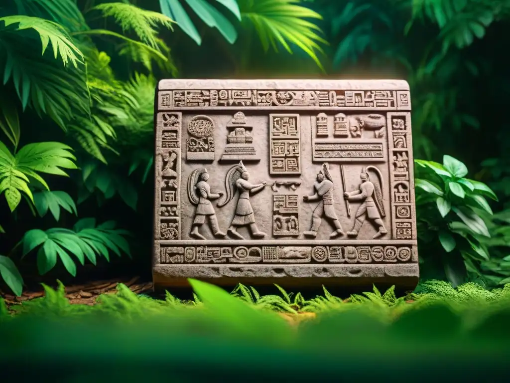 Intrincadas jeroglíficos mayas tallados en piedra, rememorando la historia de juegos de culturas en la exuberante selva y ruinas antiguas