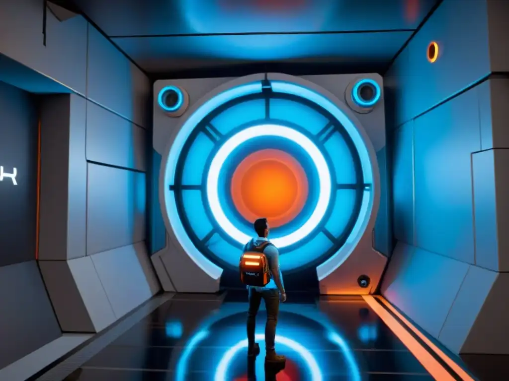 Inmersión en un intrincado acertijo de Portal 2, con portales azules y naranjas iluminando la cámara