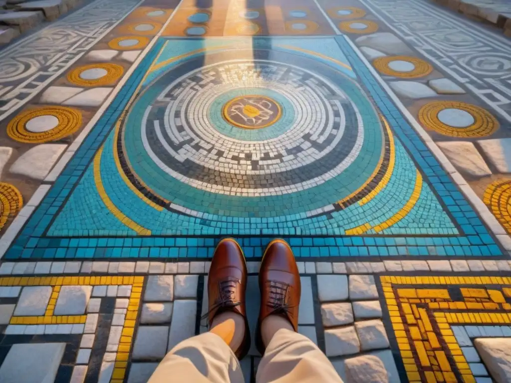 Intrincado suelo de mosaico romano con juegos de lógica en culturas, colores vibrantes y sombras danzantes