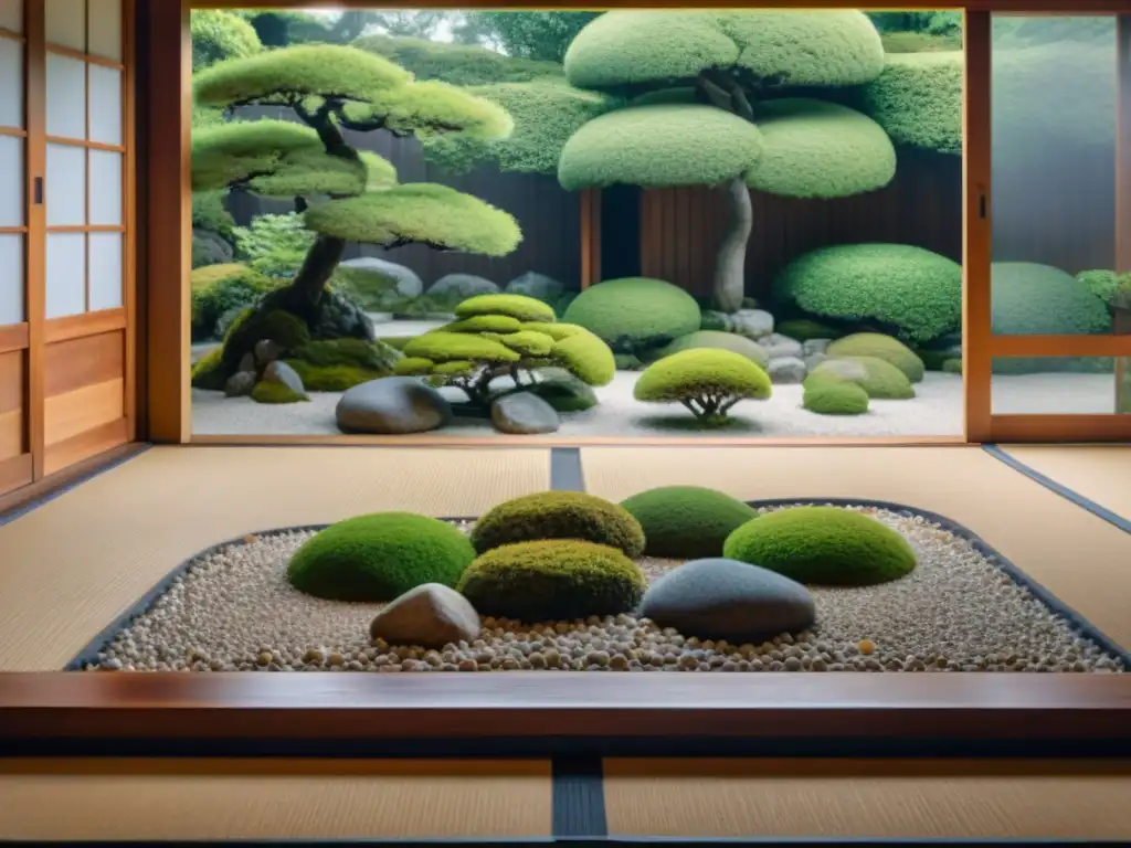 Jardín Zen japonés antiguo con enseñanzas de mindfulness del siglo, rocas y vegetación meticulosamente colocadas