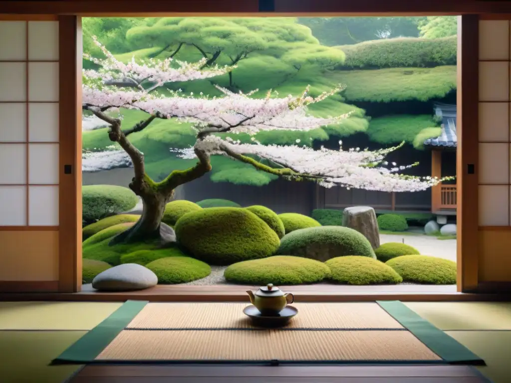 Un jardín japonés antiguo con piedras y musgo, simbolizando equilibrio y armonía