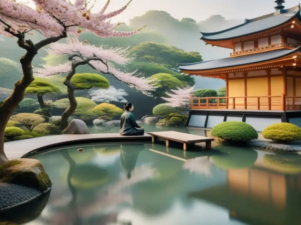 Un jardín de meditación japonés con pagoda de madera, estanque de kois, árboles de cerezo en flor y personas practicando Tai Chi y meditación