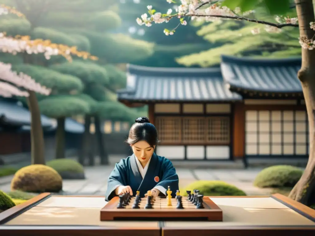 Un jardín japonés sereno con bonsáis alineados, tableros de Shogi y Ajedrez, y estudiantes aprendiendo estrategia