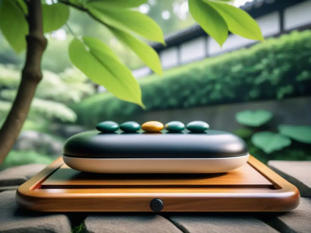 Un jardín japonés sereno con un tablero de Go de madera en una mesa de piedra, hojas de arce filtrando la luz del sol