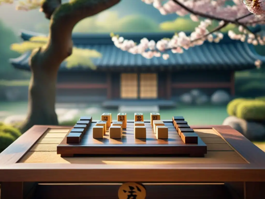 Un jardín japonés sereno con un tablero de Shogi tradicional bajo un cerezo en flor