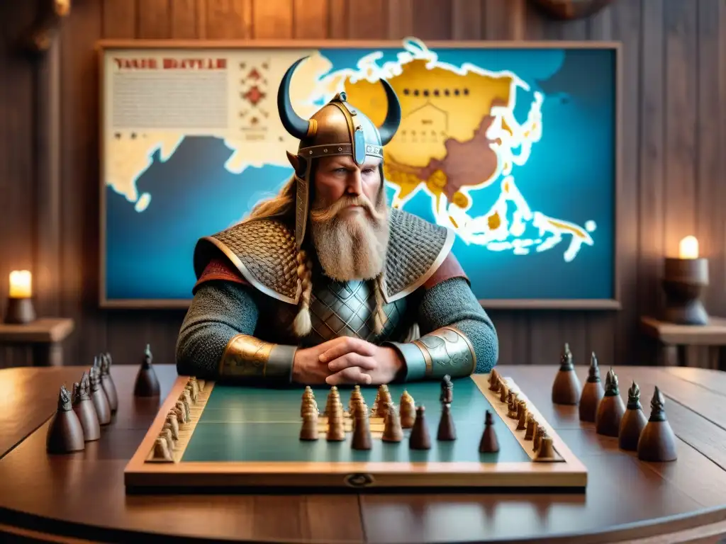 Un jefe vikingo y sus guerreros se concentran en Hnefatafl y otros juegos estratégicos en una sala ambientada con antorchas y artefactos vikingos