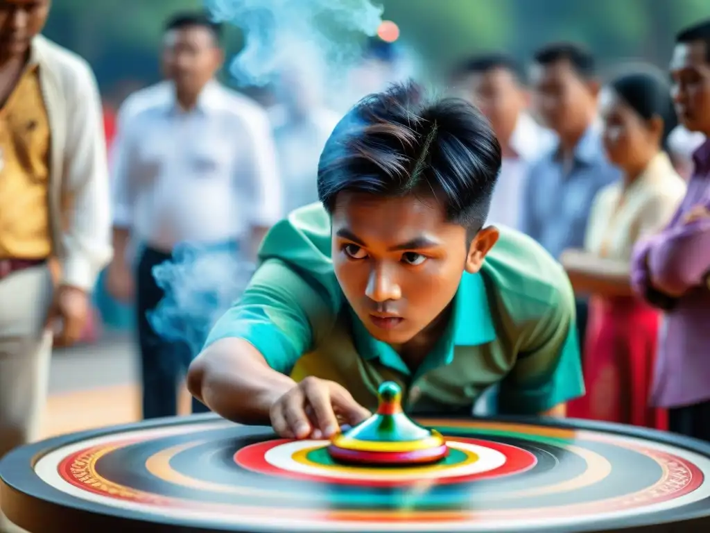 Joven en competición de trompos en Malasia, lanzando con destreza su gasing en vibrante arena de competencia