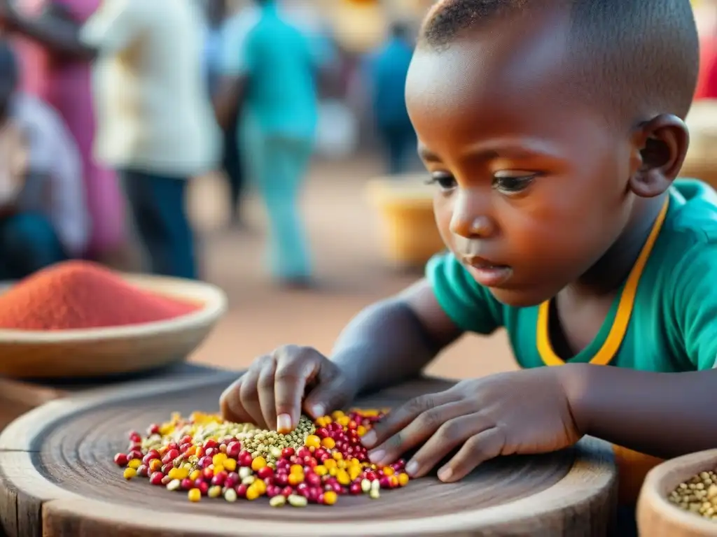 Joven concentrado jugando Ayoayo en mercado africano, con semillas tradicionales vibrantes