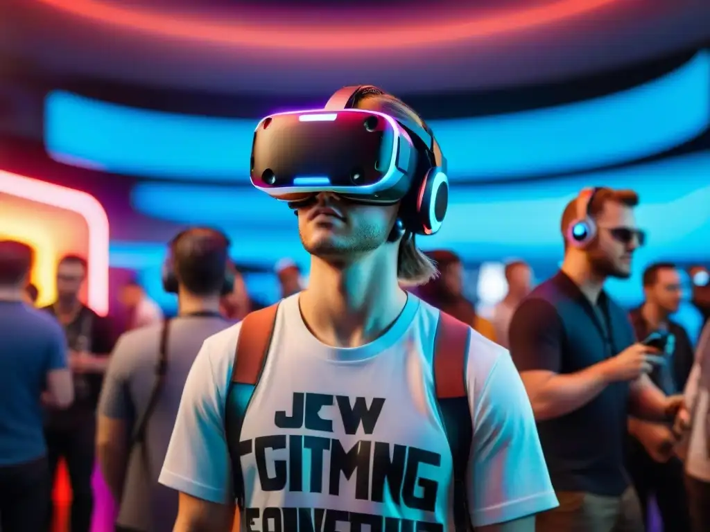 Joven gamer usa casco de realidad virtual en convención de juegos, rodeado de tecnologías futuristas