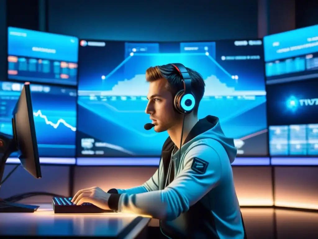 Joven gamer concentrado en gráficos financieros de eSports en un entorno futurista