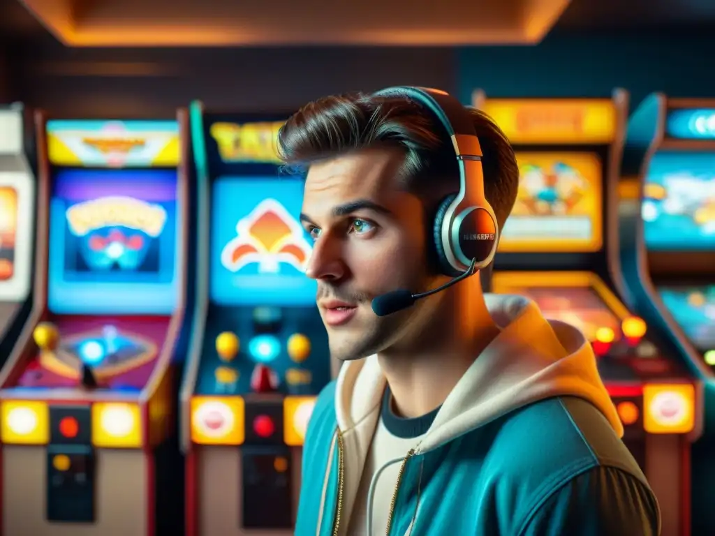 Joven gamer concentrado en juegos clásicos, rodeado de nostalgia retro