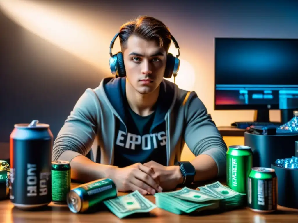 Joven jugador eSports estresado por finanzas, rodeado de desorden en su escritorio