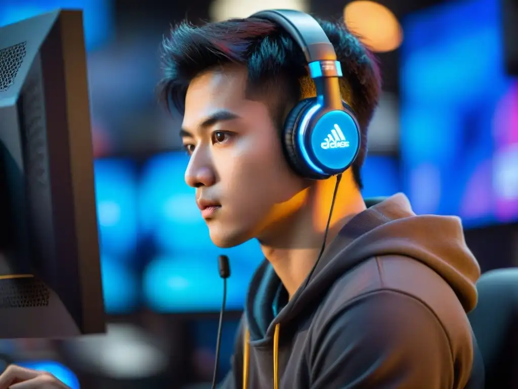 Joven jugador de Esports del Sudeste Asiático concentrado en la competencia en una arena iluminada por LED