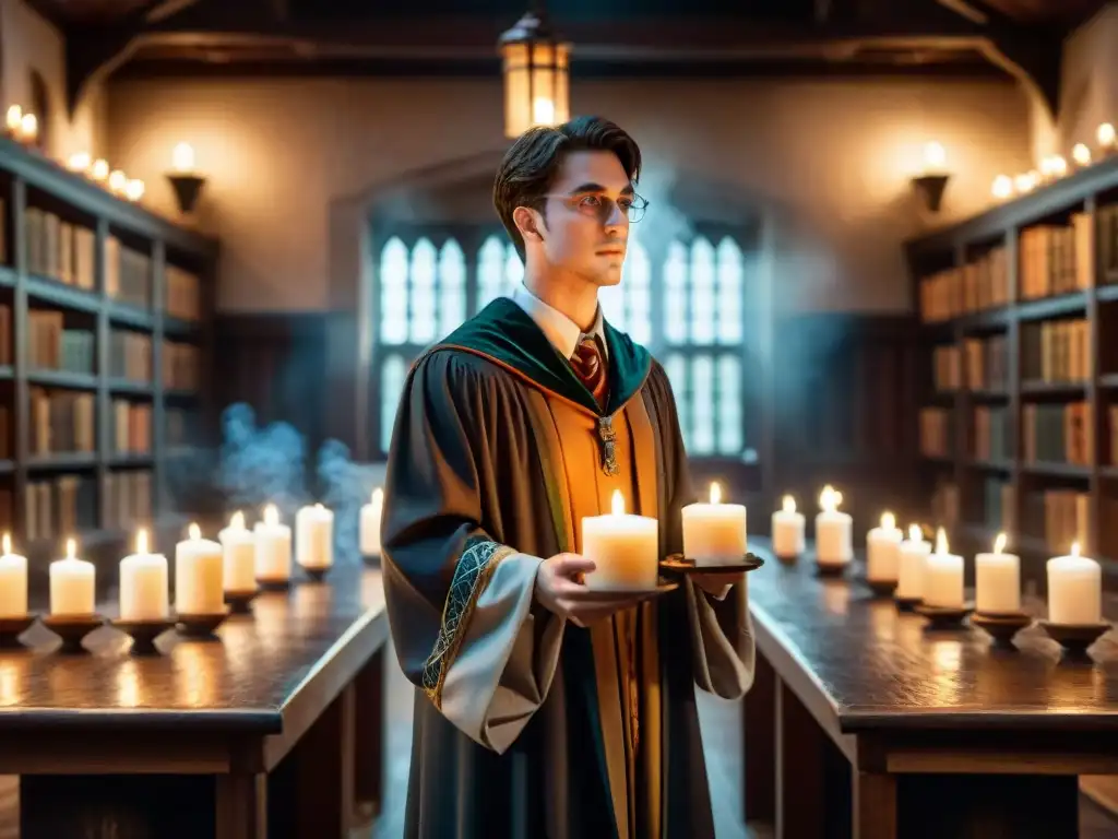 Joven mago lanzando hechizos en aula de Hogwarts, con velas flotantes y calderos burbujeantes