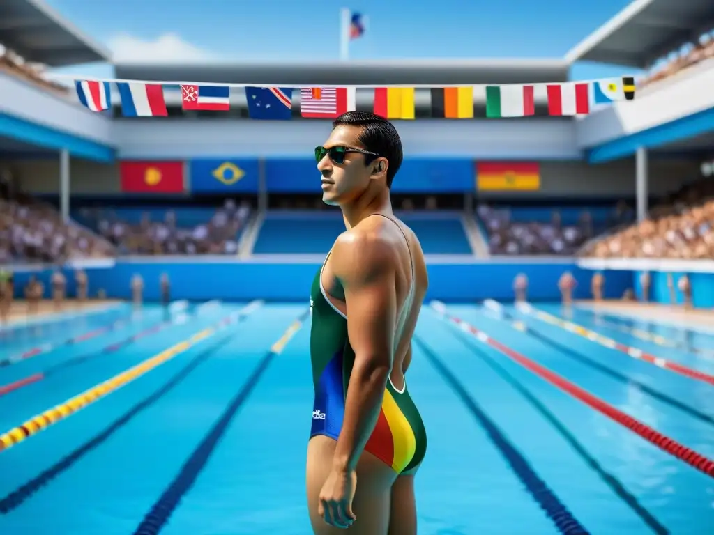 Joven nadador latino en traje colorido con banderas de América Latina, rodeado de espectadores animados