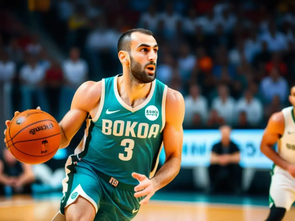 Joven Manu Ginóbili encestando con pasión en un juego, reflejando la intensidad de la cultura del baloncesto en América Latina