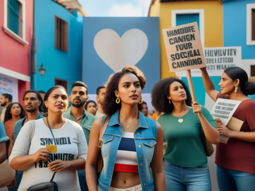 Jóvenes activistas con pancartas en plaza latinoamericana, enlazando juegos y revoluciones