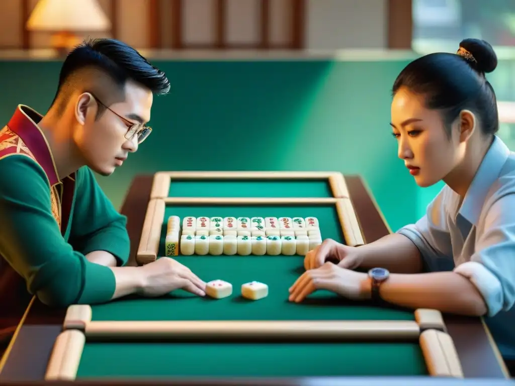 Jóvenes asiáticos concentrados en una partida de mahjong, promoviendo el desarrollo cognitivo en un ambiente acogedor y colorido